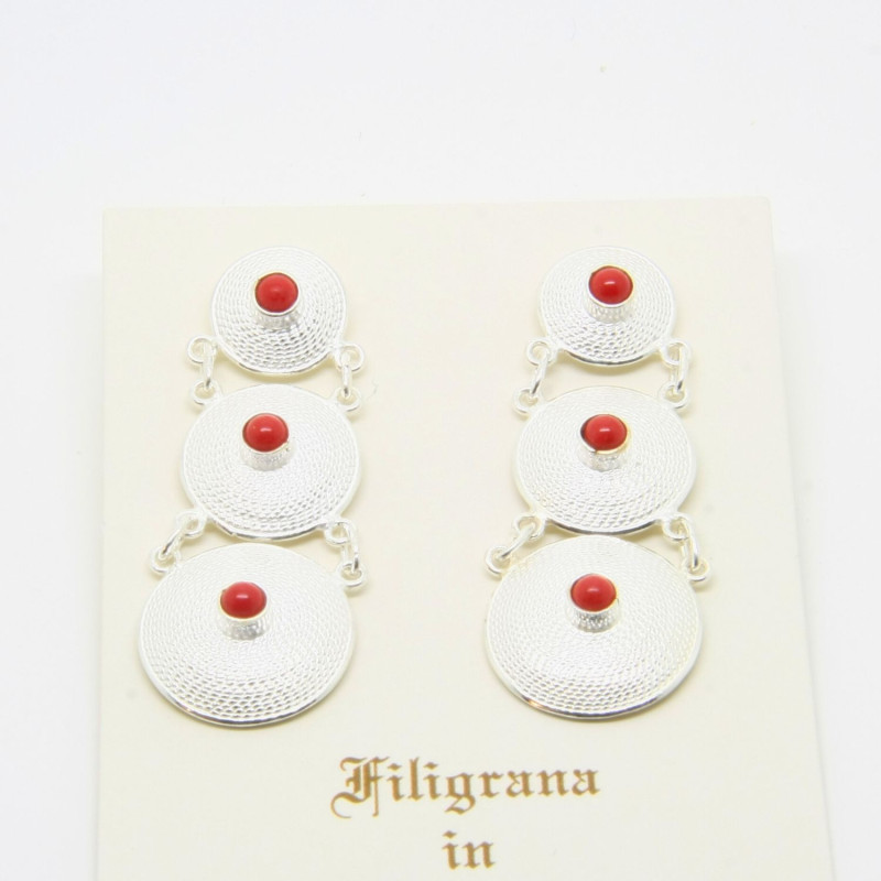 Orecchini con Cerchi e Coralli Pendenti Filigrana Sarda Argento 925