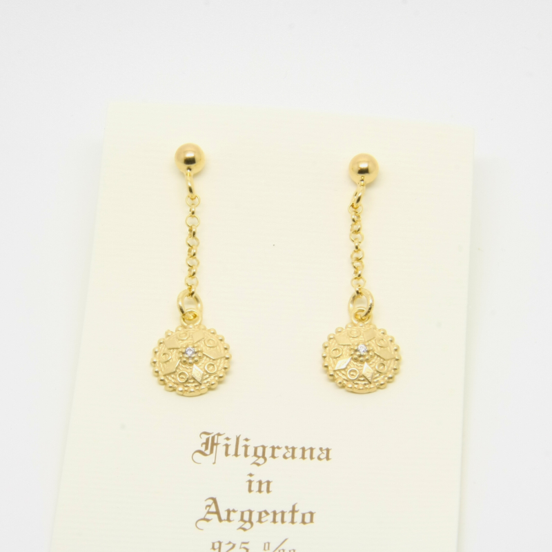 Orecchini Bottone con Zircone Pendenti Filigrana Sarda Argento 925